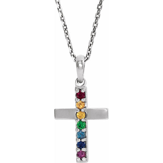 14K White Multi-Gemstone Cross 16-18 Necklace