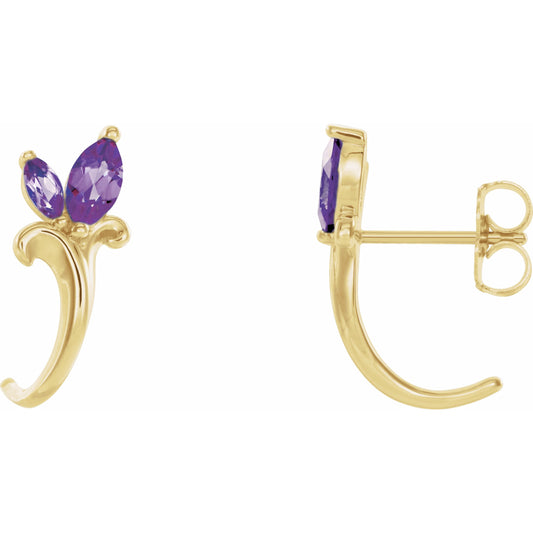 14K Yellow Amethyst Floral-Inspired J-Hoop Earrings