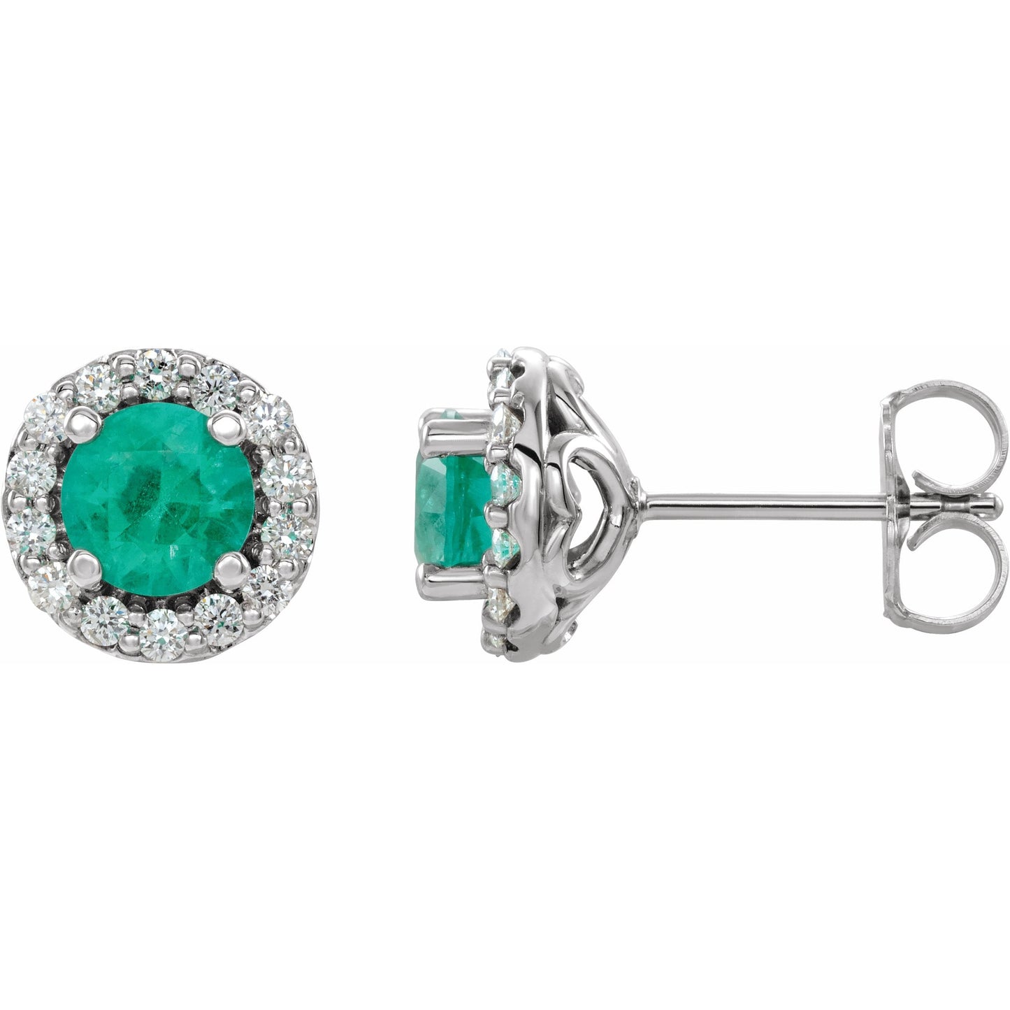 14K White 4 mm Round Emerald & 1/8 Diamond Earrings