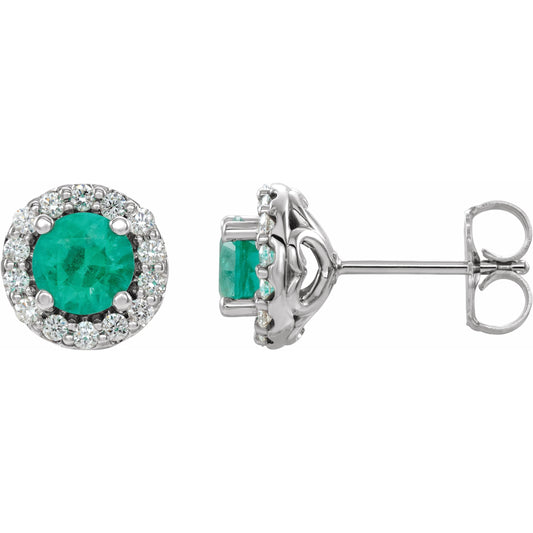 14K White 4 mm Round Emerald & 1/8 Diamond Earrings