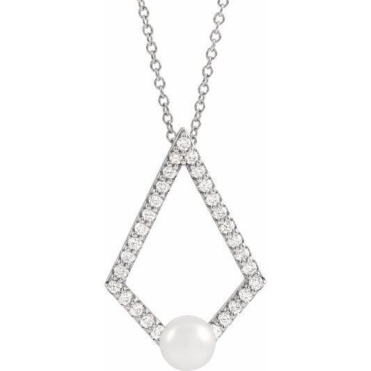 14K White Freshwater Cultured Pearl & 1/4 CTW Diamond Geometric 16-18 Necklace