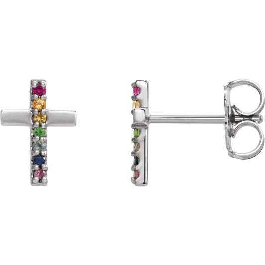 14K White Multi-Gemstone Cross Earrings