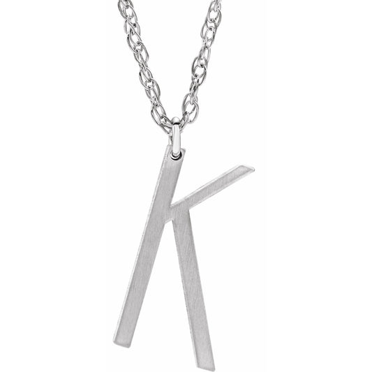 14K White Block Initial K 16-18 Necklace with Brush Finish