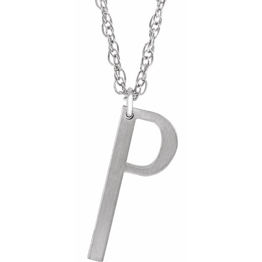 14K White Block Initial P 16-18 Necklace with Brush Finish