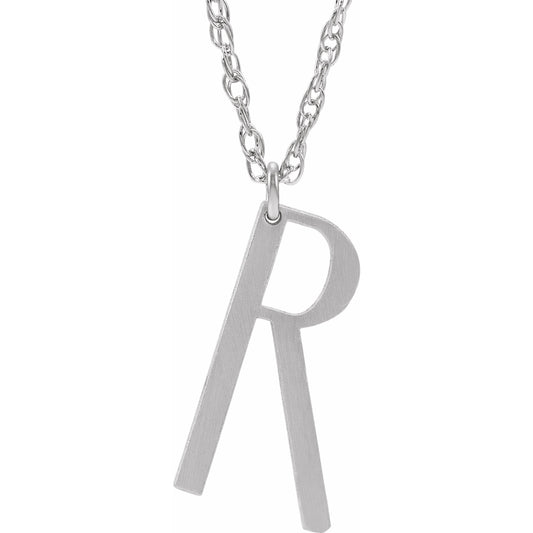 14K White Block Initial R 16-18 Necklace with Brush Finish
