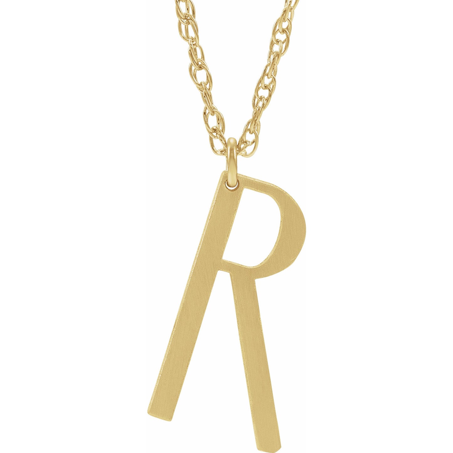 14K Yellow Block Initial R 16-18 Necklace with Brush Finish
