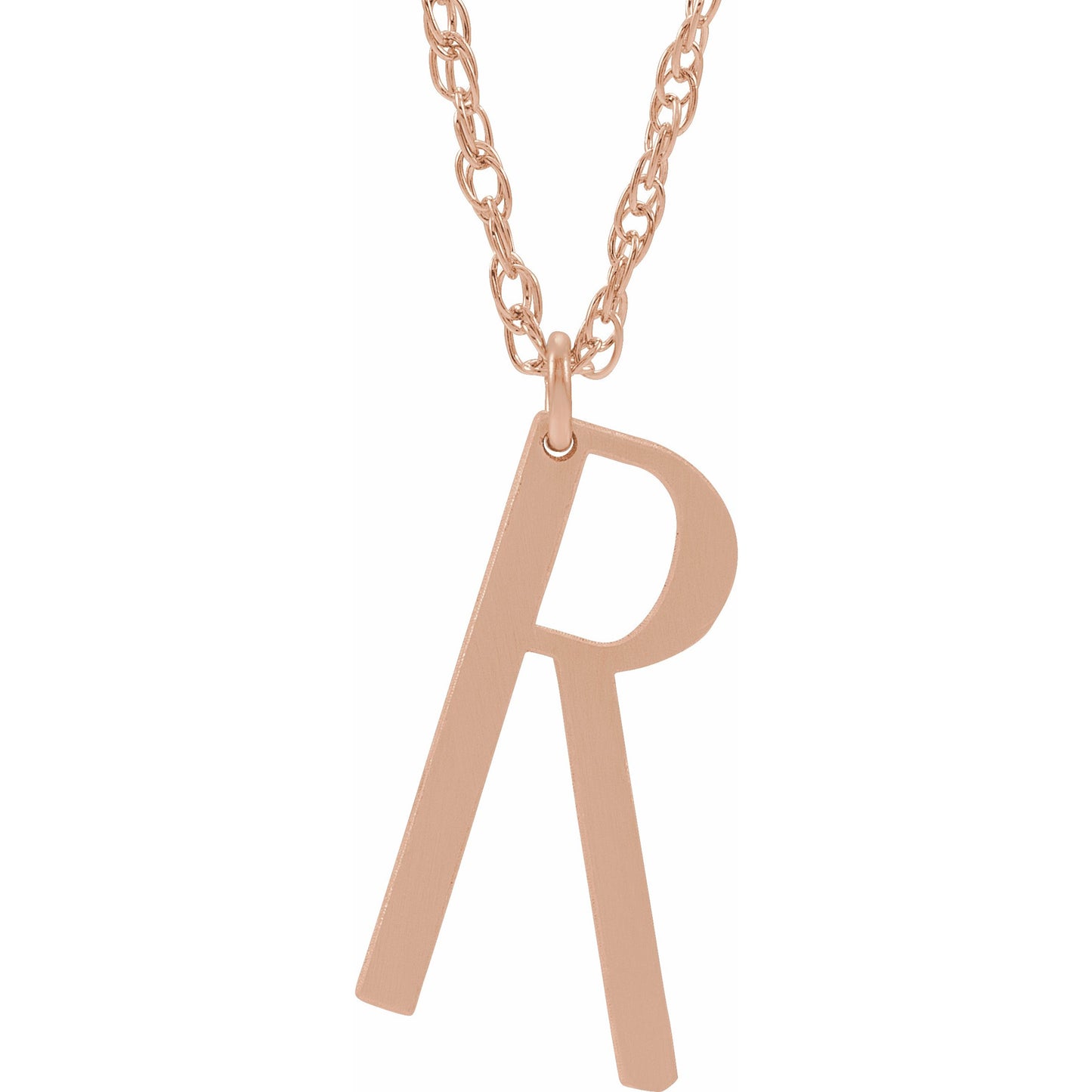 14K Rose Block Initial R 16-18 Necklace with Brush Finish