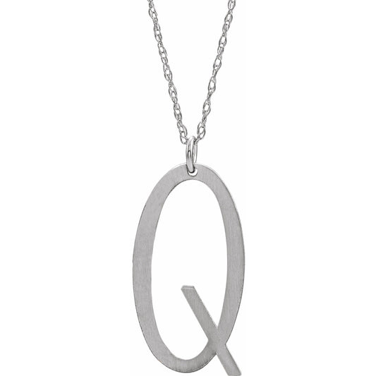 14K White Block Initial Q 16-18 Necklace with Brush Finish