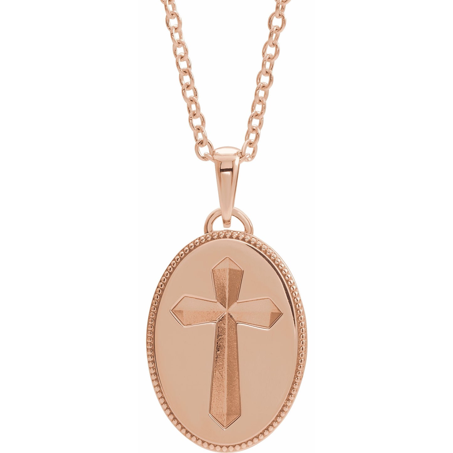 14K Rose  Oval Cross Medal 20 Necklace