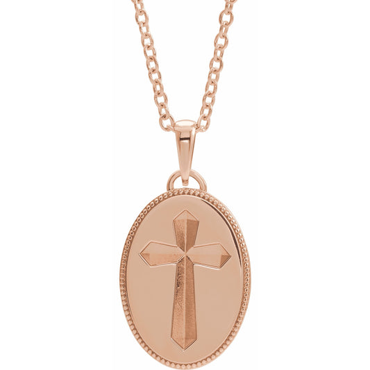 14K Rose  Oval Cross Medal 20 Necklace