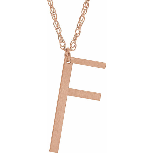 14K Rose Block Initial F 16-18 Necklace with Brush Finish
