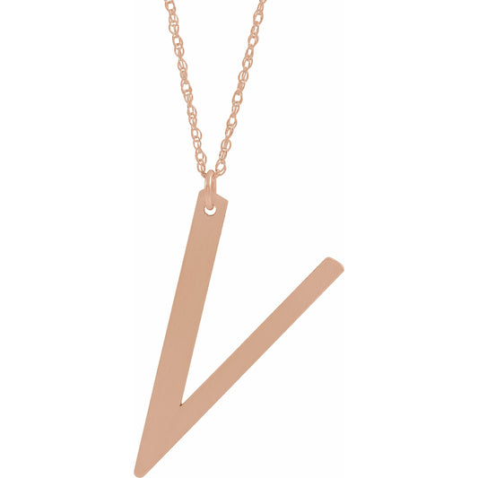 14K Rose Block Initial V 16-18 Necklace with Brush Finish