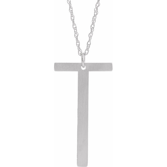 14K White Block Initial T 16-18 Necklace with Brush Finish