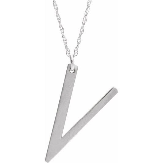 14K White Block Initial V 16-18 Necklace with Brush Finish