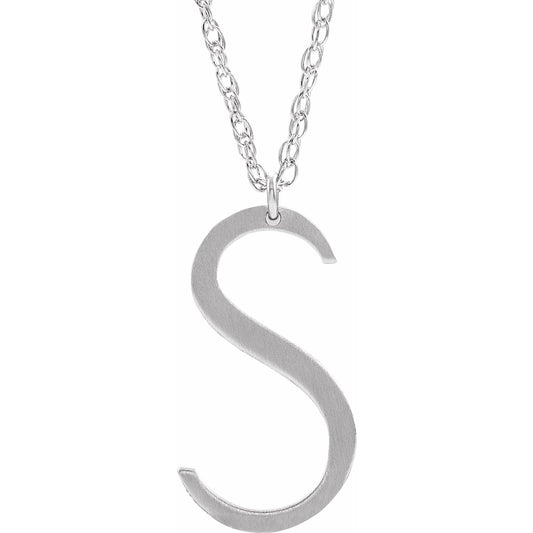 14K White Block Initial S 16-18 Necklace with Brush Finish
