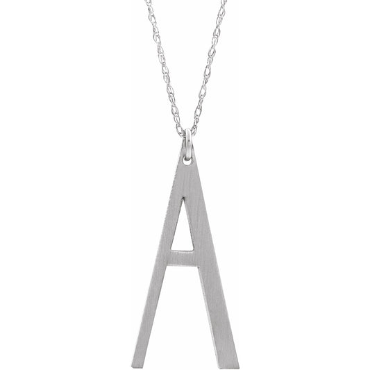 14K White Block Initial A 16-18 Necklace with Brush Finish