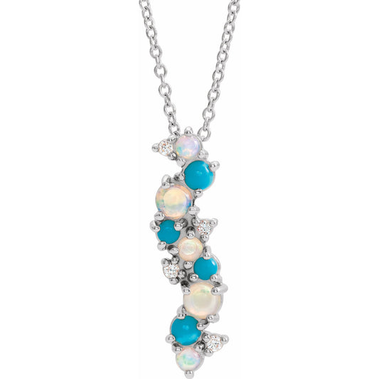 14K White Ethiopian Opal Turquoise & .03 CTW Diamond 16-18 Necklace