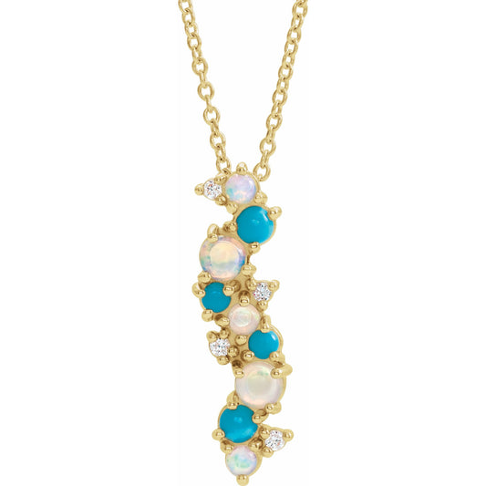14K Yellow Ethiopian Opal Turquoise & .03 CTW Diamond 16-18 Necklace