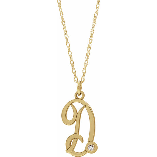 14K Yellow Gold-Plated .02 CT Diamond Script Initial D 16-18 Necklace