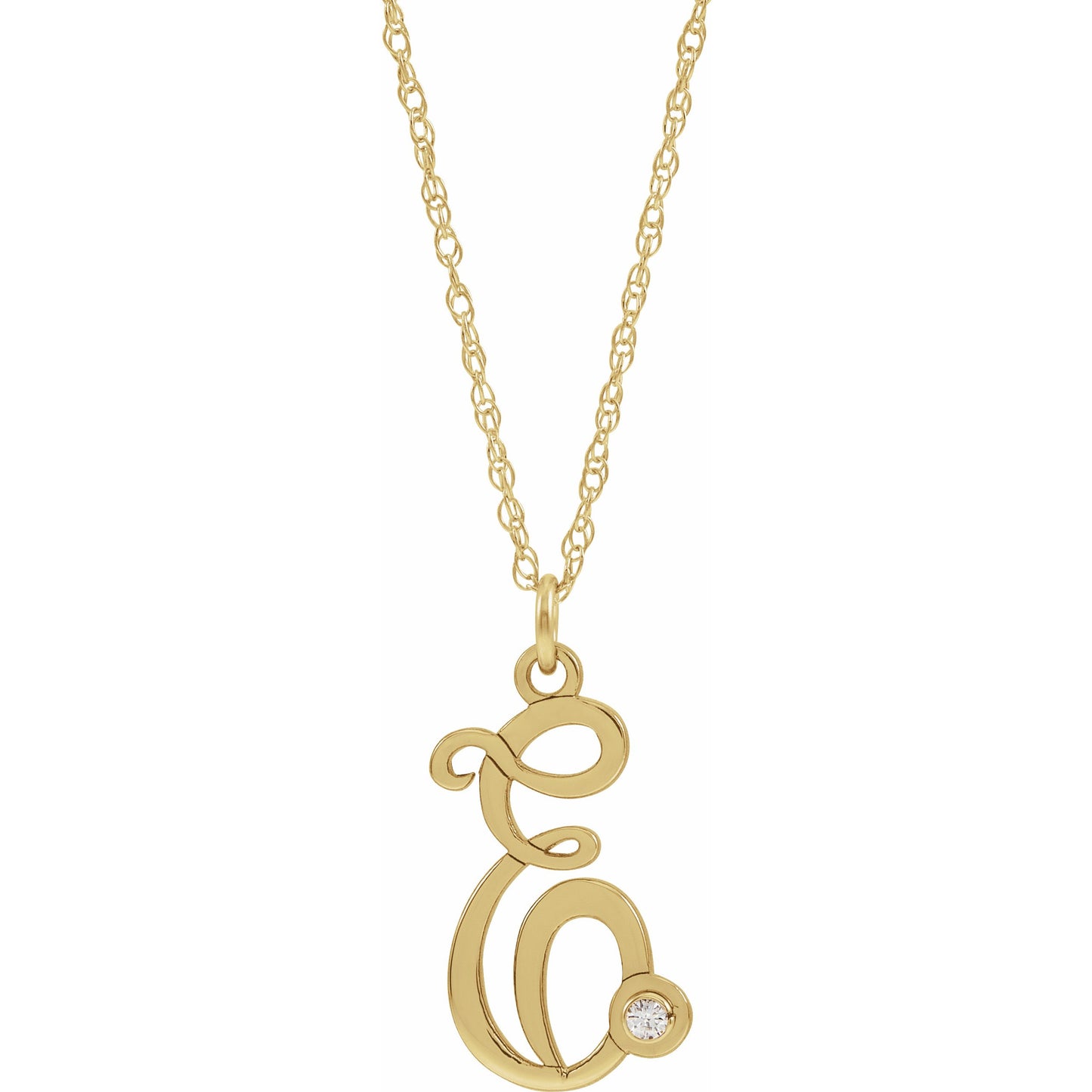 14K Yellow Gold-Plated .02 CT Diamond Script Initial E 16-18 Necklace