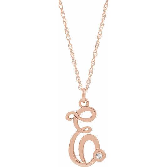 14K Rose .02 CT Diamond Script Initial E 16-18 Necklace