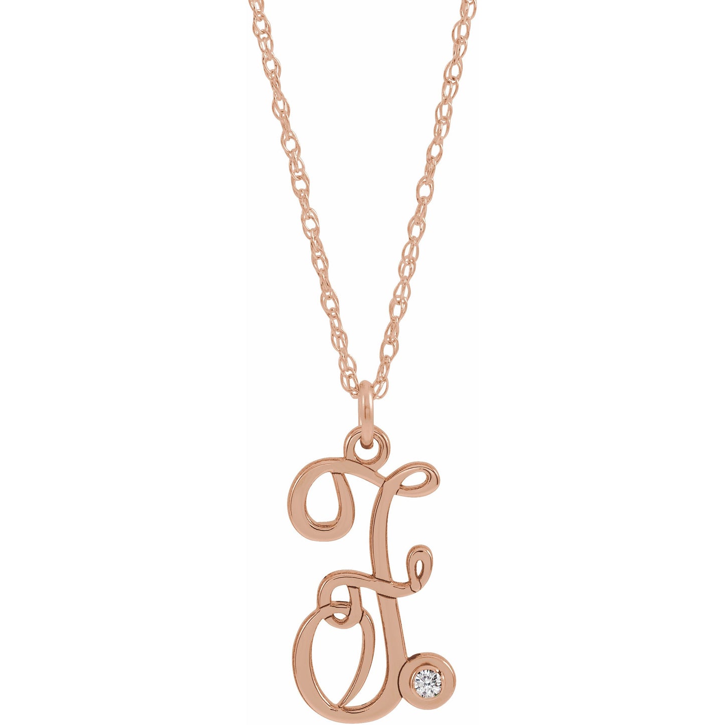 14K Rose .02 CT Diamond Script Initial F 16-18 Necklace