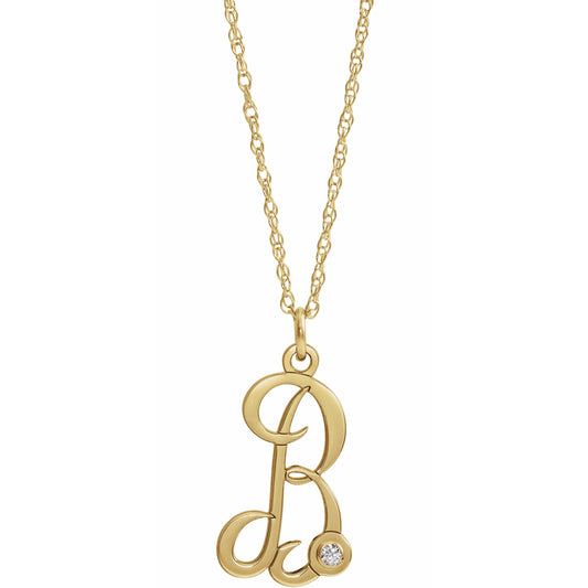 14K Yellow Gold-Plated .02 CT Diamond Script Initial B 16-18 Necklace