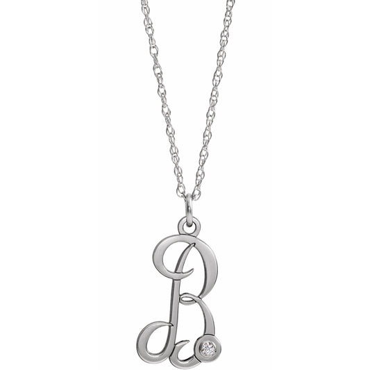 14K White .02 CT Diamond Script Initial B 16-18 Necklace