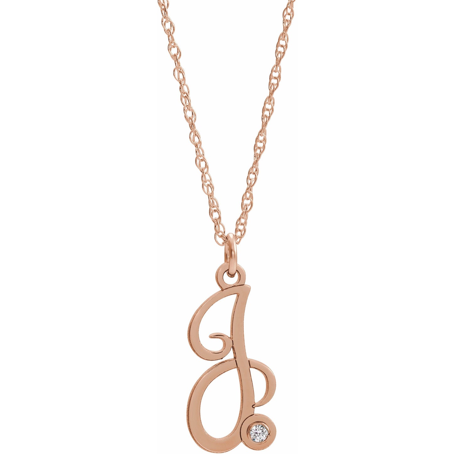 14K Rose .02 CT Diamond Script Initial J 16-18 Necklace