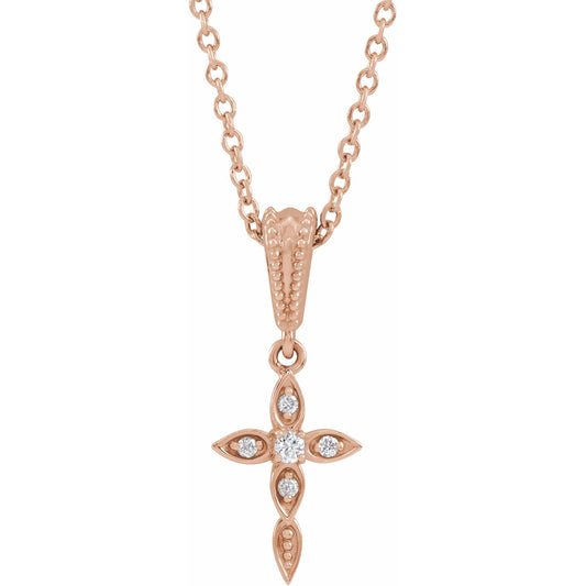 14K Rose .03 CTW Diamond Petite Vintage-Inspired 16-18 Cross Necklace