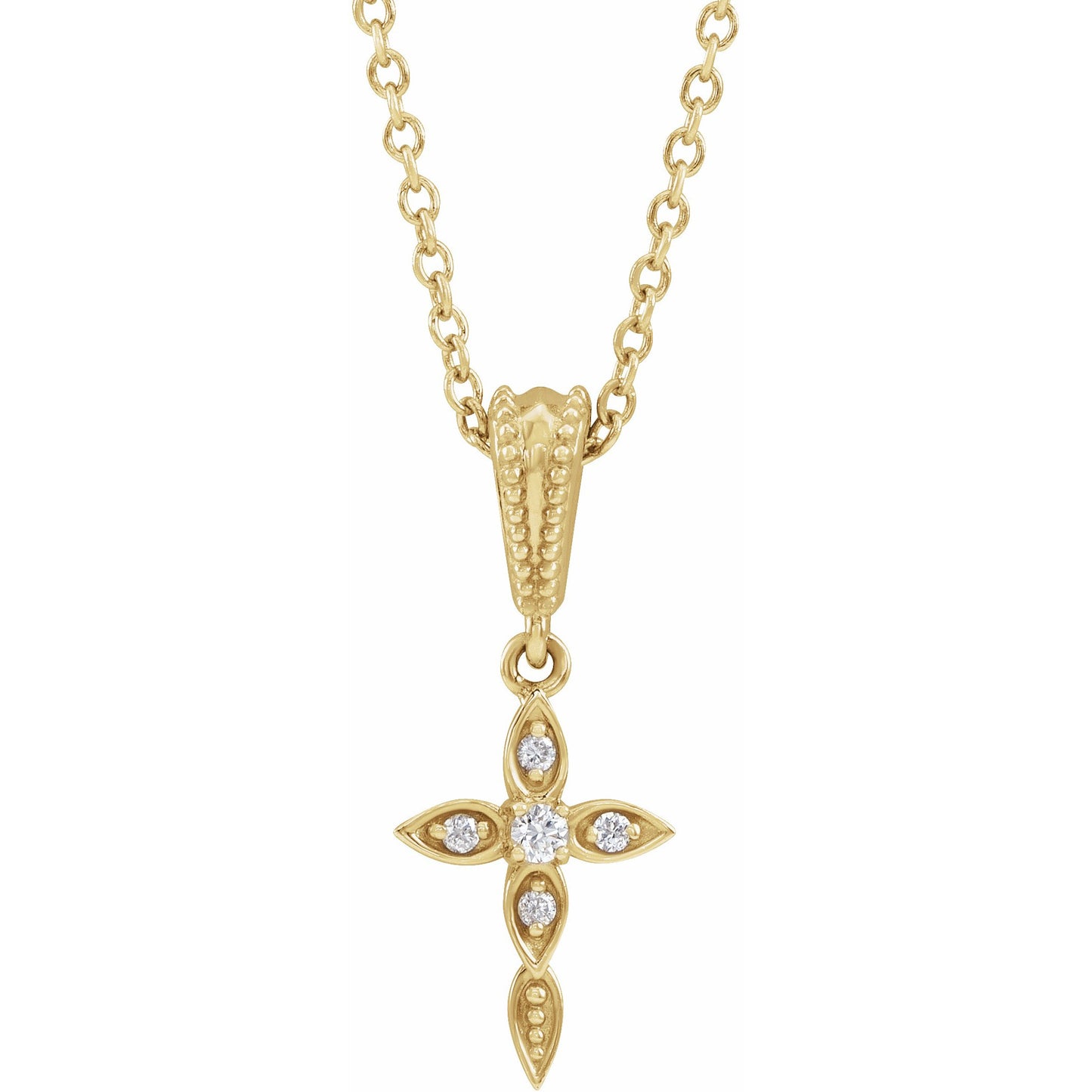 14K Yellow .03 CTW Diamond Petite Vintage-Inspired 16-18 Cross Necklace