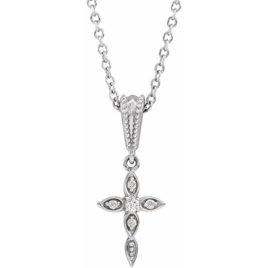 14K White .03 CTW Diamond Petite Vintage-Inspired 16-18 Cross Necklace