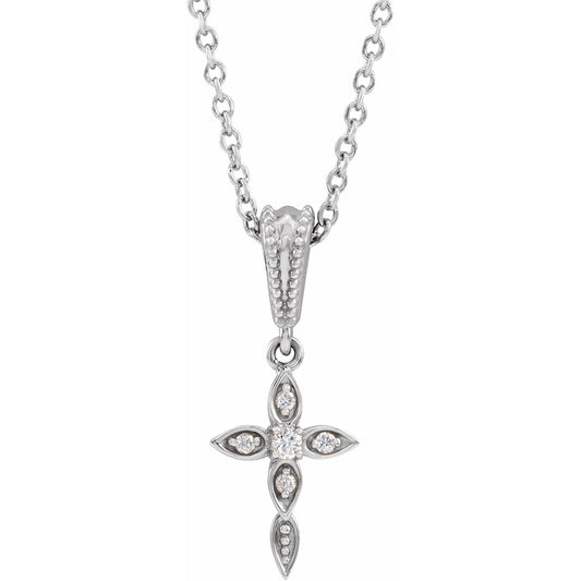 Platinum .03 CTW Diamond Petite Vintage-Inspired 16-18 Cross Necklace