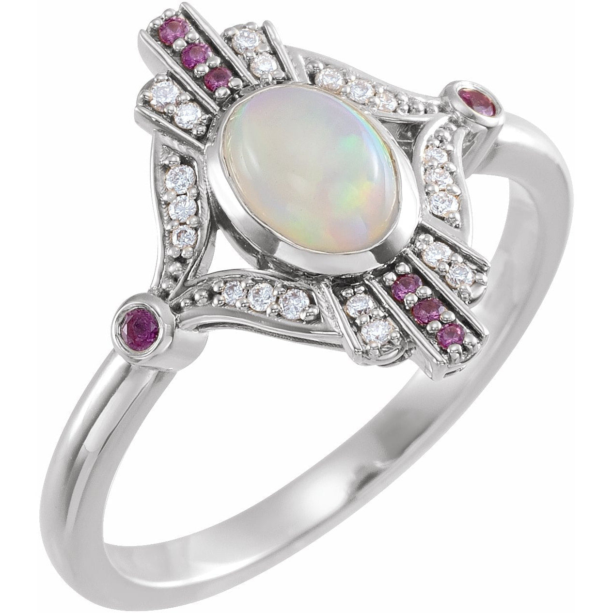 14K White Cabochon Ethiopian Opal, Pink Sapphire & .06 CTW Diamond Ring