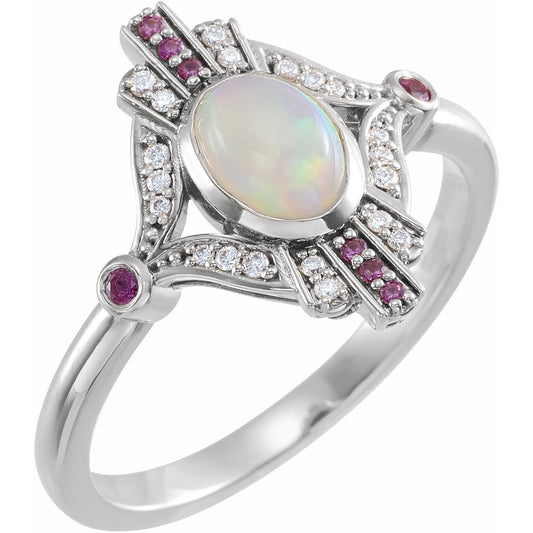 14K White Cabochon Ethiopian Opal, Pink Sapphire & .06 CTW Diamond Ring