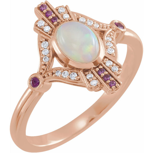 14K Rose Cabochon Ethiopian Opal, Pink Sapphire & .06 CTW Diamond Ring