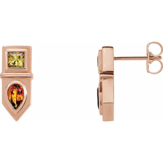 14K Rose Multi-Gemstone Geometric Bar Drop Earrings