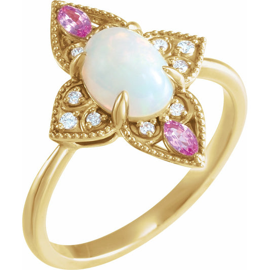 14K Yellow Ethiopian Opal, Pink Sapphire & .05 CTW Diamond Vintage-Inspired Ring