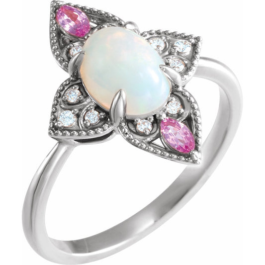 14K White Ethiopian Opal, Pink Sapphire & .05 CTW Diamond Vintage-Inspired Ring