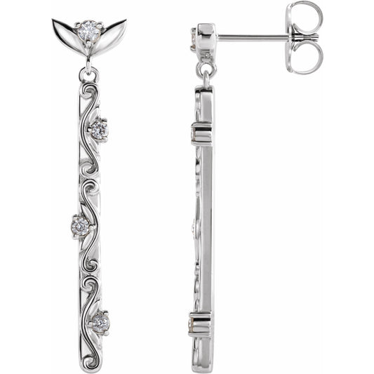 14K White 1/8 CTW Diamond Vintage-Inspired Dangle Earrings
