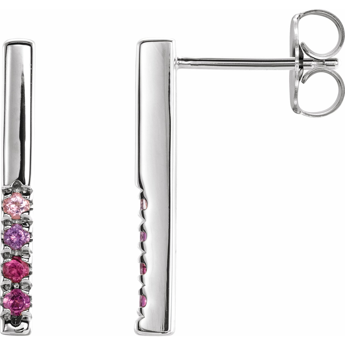 14K White Pink Multi-Gemstone French-Set Bar Earrings