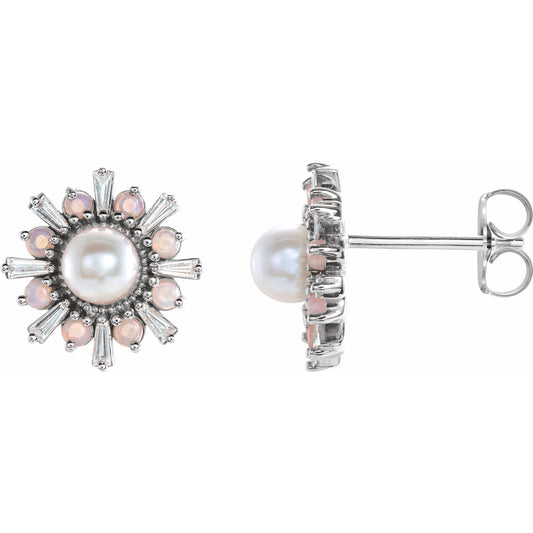 14K White Akoya Pearl, White Opal & 1/6 CTW Diamond Earrings