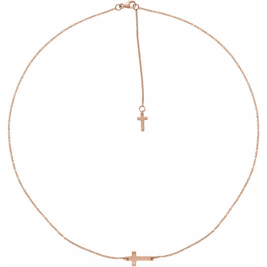 14K Rose 1/10 CT Diamond Sideways Cross Necklace