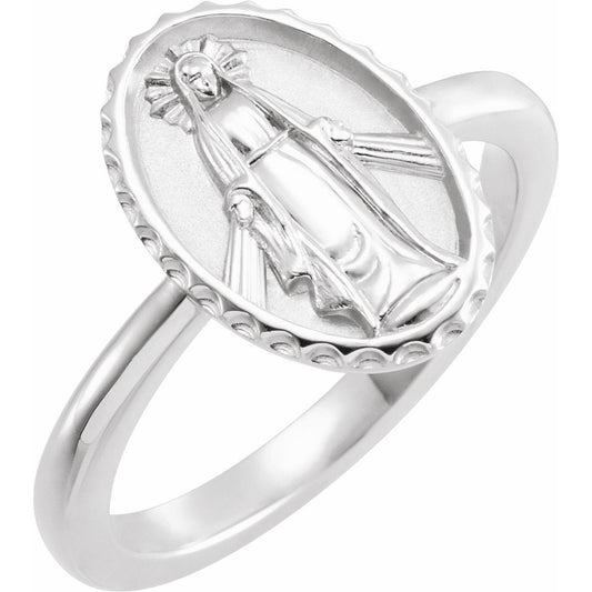 14K White Miraculous Medal Ring