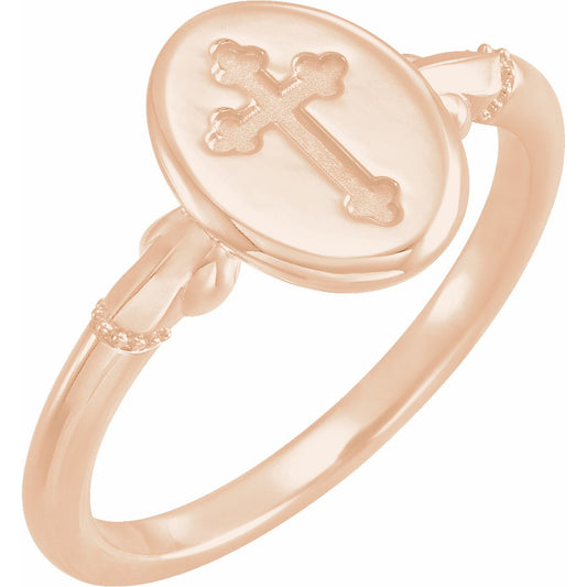 14K Rose 11.5x8.8 mm Oval Cross Signet Ring