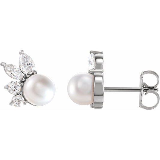 14K White Akoya Cultured Pearl & 1/2 CTW Diamond Earrings