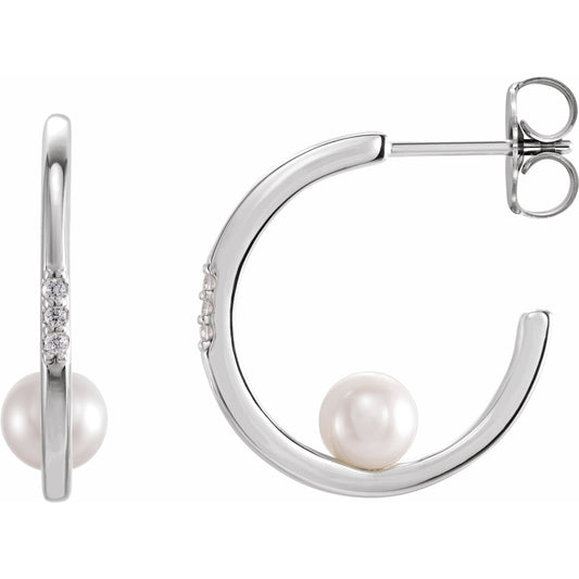 14K White Freshwater Cultured Pearl & .025 CTW Diamond Hoop Earrings