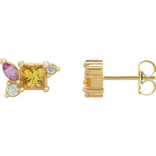 14K Yellow Yellow Sapphire, Pink Sapphire, & 1/8 CTW Diamond Earrings