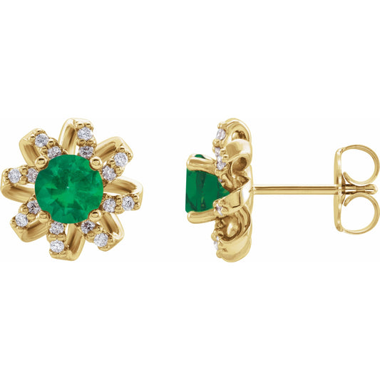 14K Yellow Emerald & 1/6 CTW Diamond Halo-Style Earrings