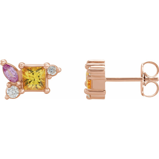 14K Rose Yellow Sapphire, Pink Sapphire, & 1/8 CTW Diamond Earrings